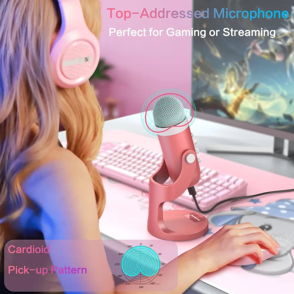 Gaming USB Pink Microphone with Quick Mute for PC Computer PS5 Phone Streaming Recording Studio Vocal Mic with Gain Control