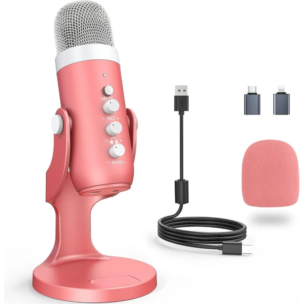Gaming USB Pink Microphone with Quick Mute for PC Computer PS5 Phone Streaming Recording Studio Vocal Mic with Gain Control