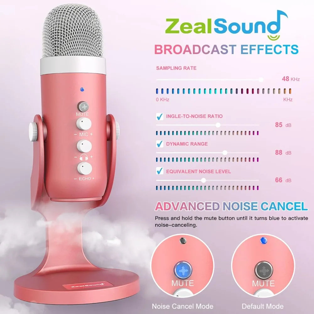 Gaming USB Pink Microphone with Quick Mute for PC Computer PS5 Phone Streaming Recording Studio Vocal Mic with Gain Control