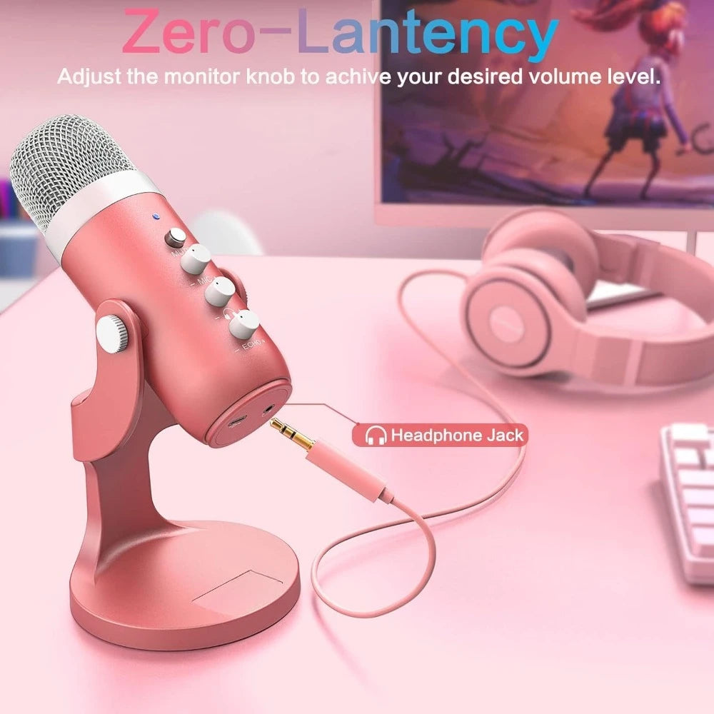 Gaming USB Pink Microphone with Quick Mute for PC Computer PS5 Phone Streaming Recording Studio Vocal Mic with Gain Control