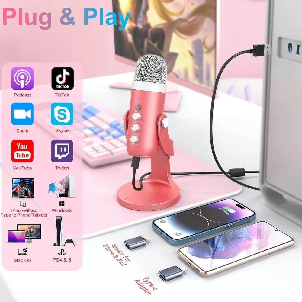 Gaming USB Pink Microphone with Quick Mute for PC Computer PS5 Phone Streaming Recording Studio Vocal Mic with Gain Control