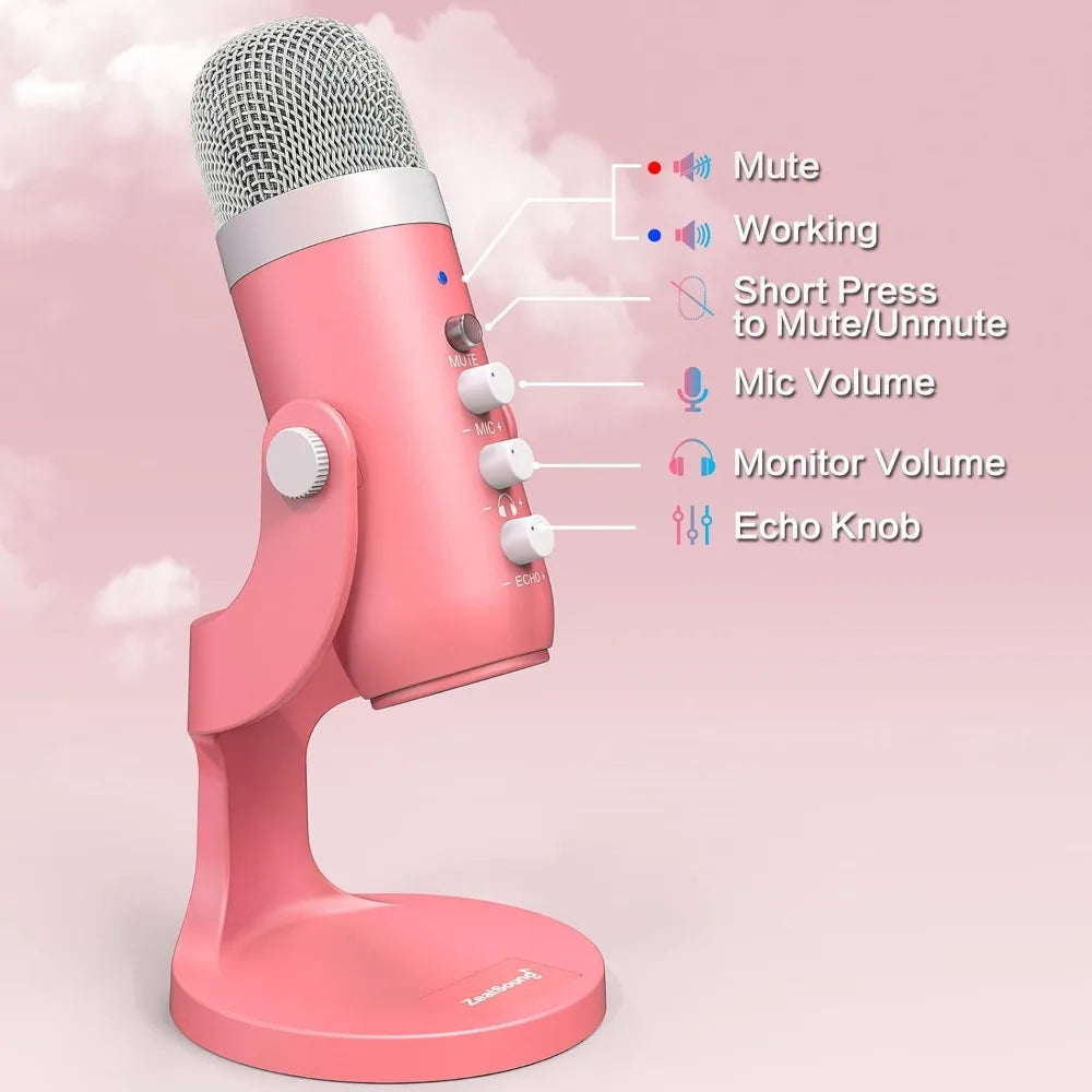 Gaming USB Pink Microphone with Quick Mute for PC Computer PS5 Phone Streaming Recording Studio Vocal Mic with Gain Control